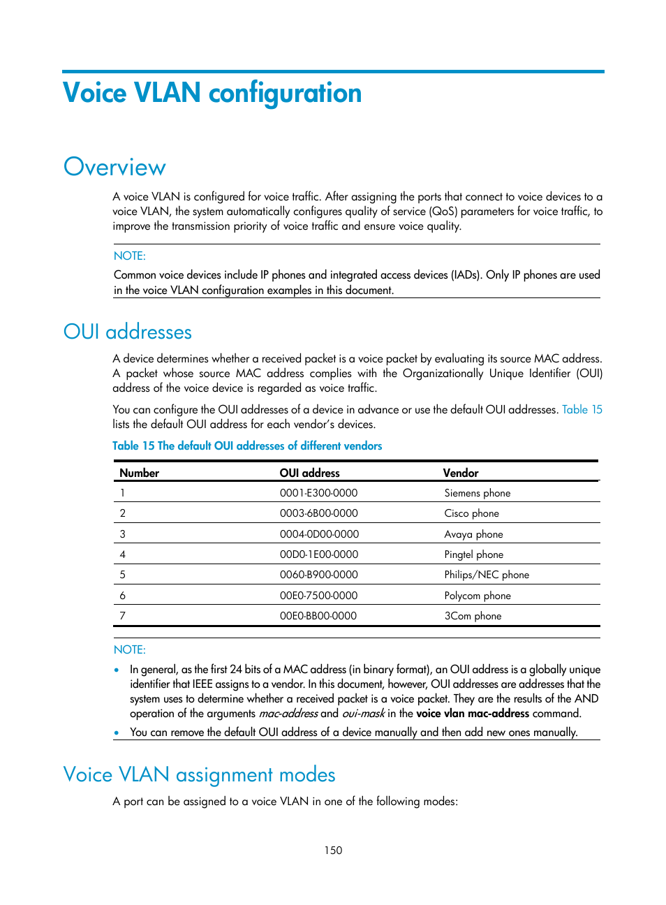 Voice vlan configuration, Overview, Oui addresses | Voice vlan assignment modes | H3C Technologies H3C S10500 Series Switches User Manual | Page 161 / 251