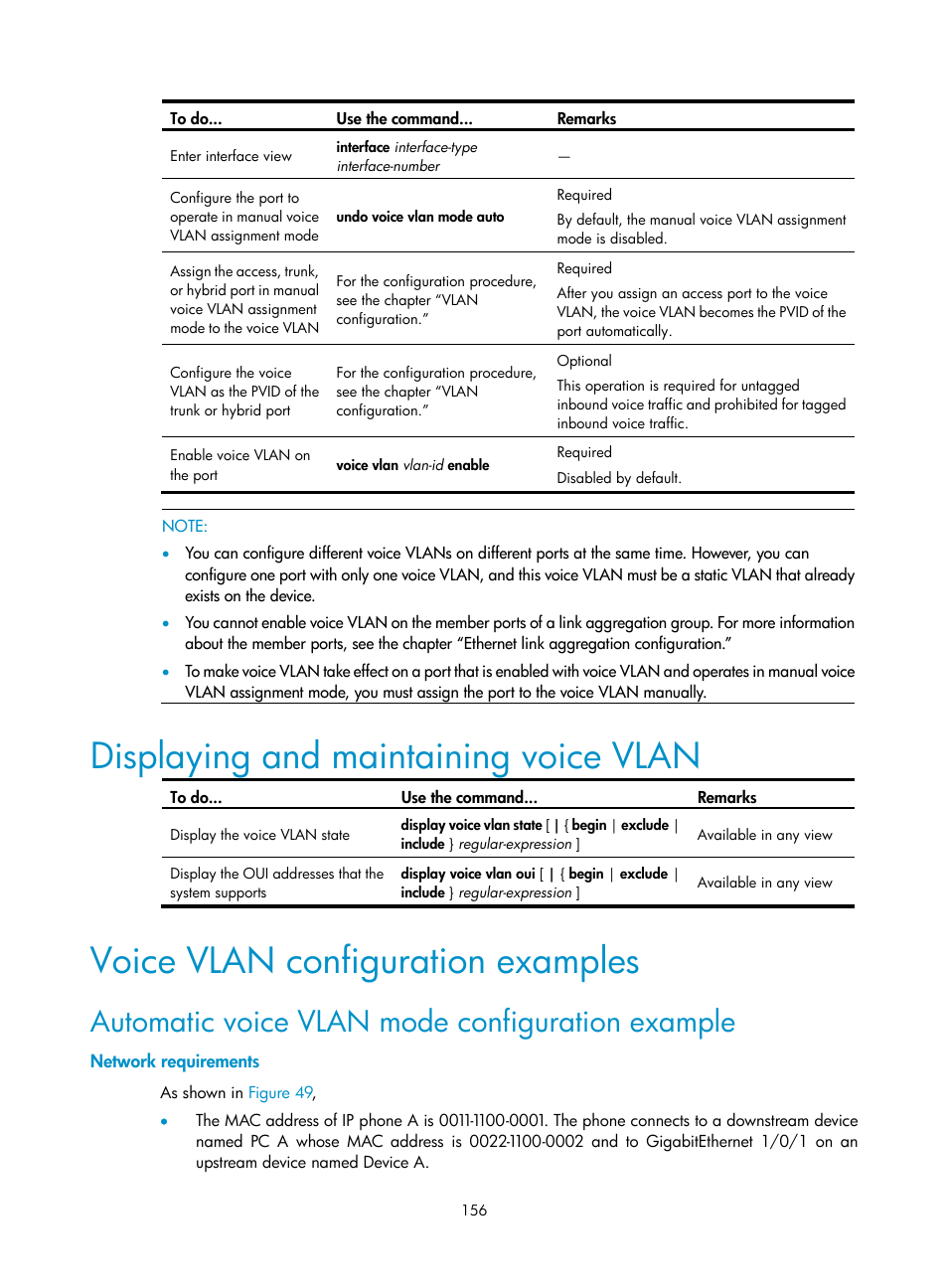 Displaying and maintaining voice vlan, Voice vlan configuration examples, Automatic voice vlan mode configuration example | Network requirements | H3C Technologies H3C S10500 Series Switches User Manual | Page 167 / 251