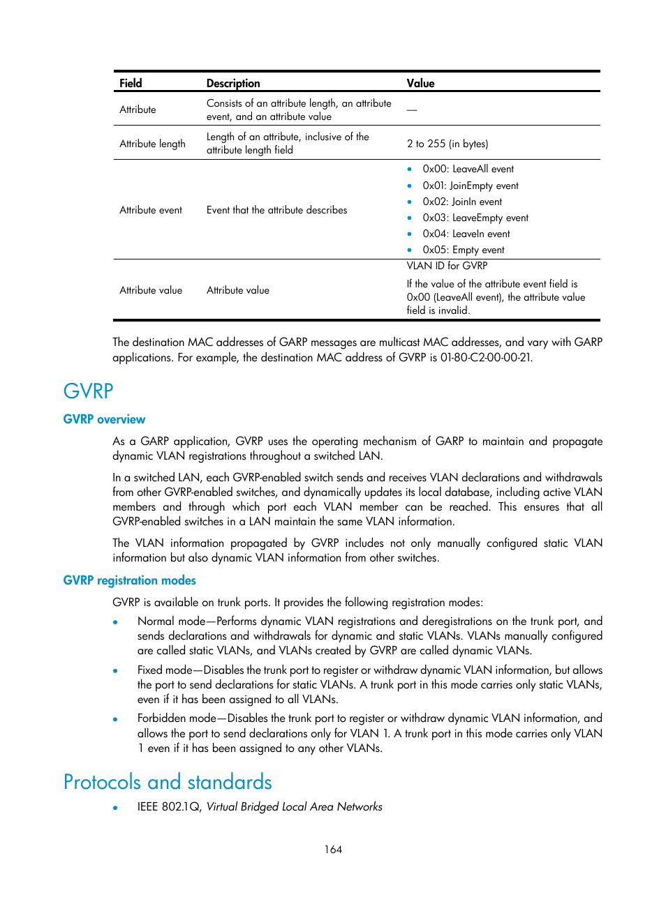 Gvrp, Gvrp overview, Gvrp registration modes | Protocols and standards | H3C Technologies H3C S10500 Series Switches User Manual | Page 175 / 251