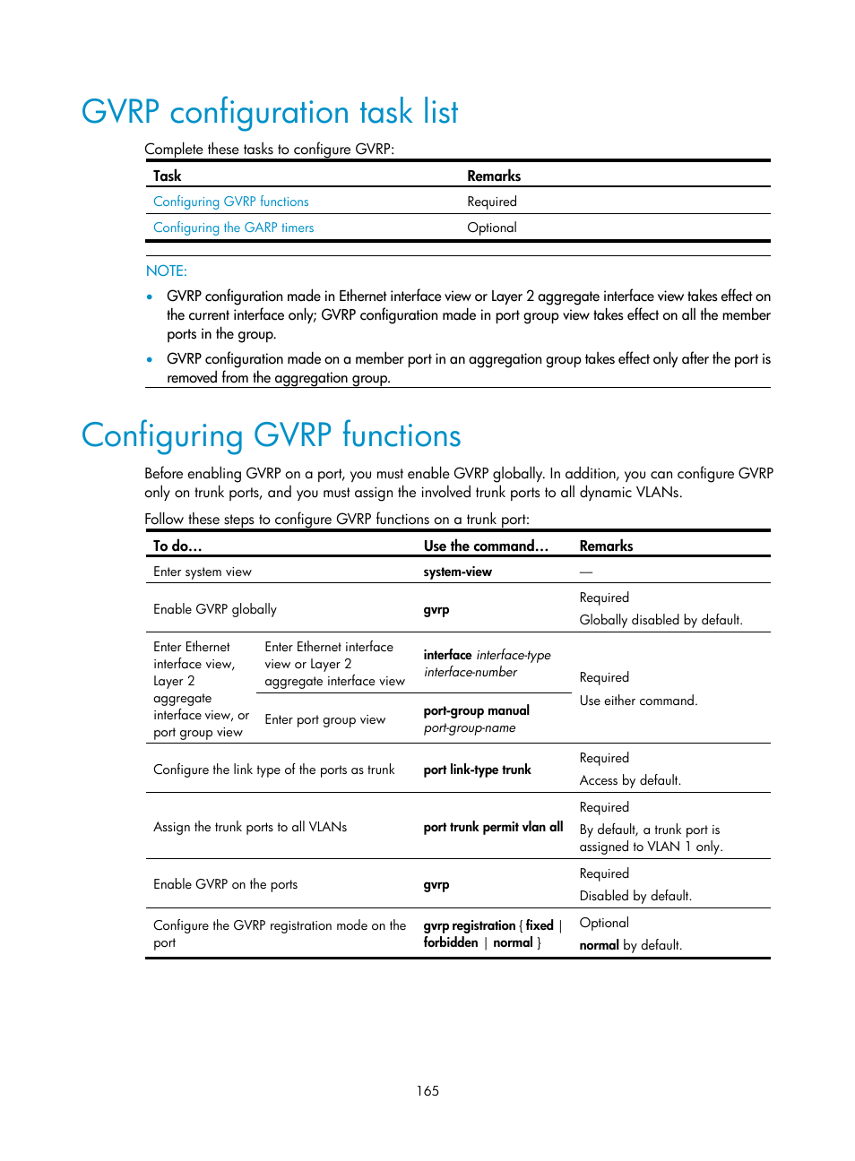 Gvrp configuration task list, Configuring gvrp functions | H3C Technologies H3C S10500 Series Switches User Manual | Page 176 / 251