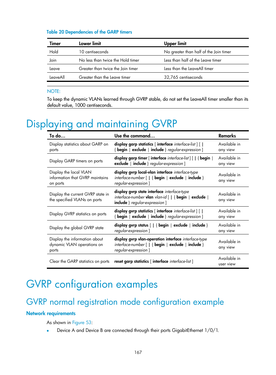 Displaying and maintaining gvrp, Gvrp configuration examples, Network requirements | H3C Technologies H3C S10500 Series Switches User Manual | Page 178 / 251