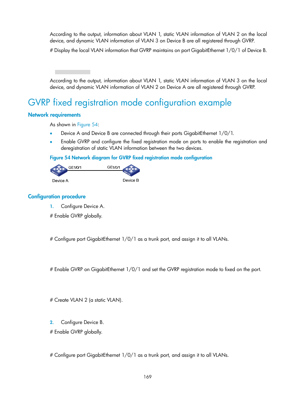 Gvrp fixed registration mode configuration example, Network requirements, Configuration procedure | H3C Technologies H3C S10500 Series Switches User Manual | Page 180 / 251
