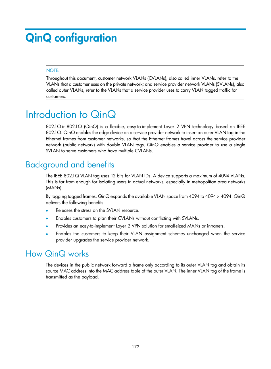 Qinq configuration, Introduction to qinq, Background and benefits | How qinq works | H3C Technologies H3C S10500 Series Switches User Manual | Page 183 / 251