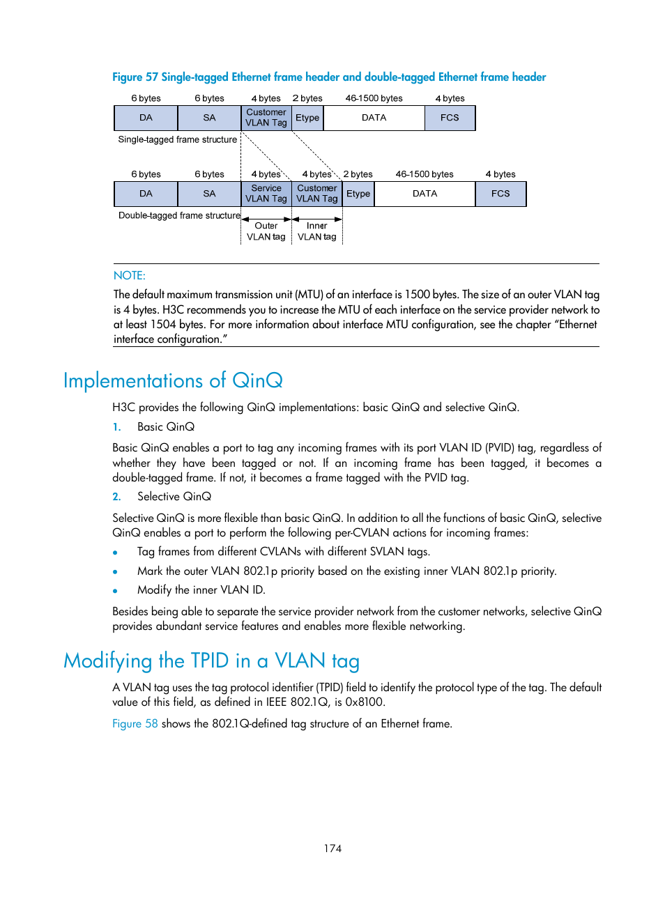 Implementations of qinq, Modifying the tpid in a vlan tag, N in | Figure 57 | H3C Technologies H3C S10500 Series Switches User Manual | Page 185 / 251