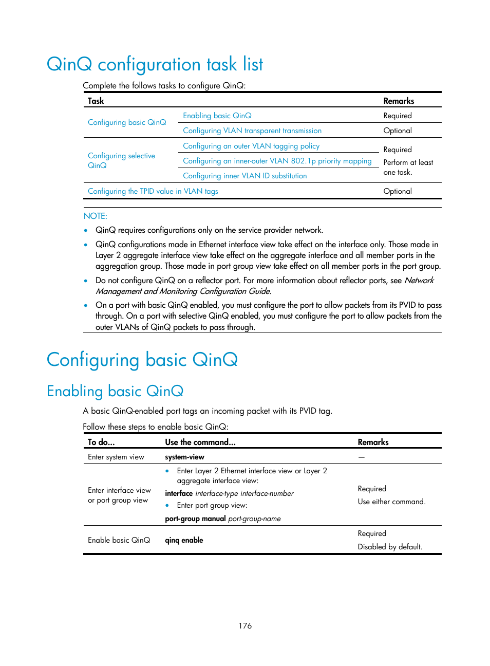 Qinq configuration task list, Configuring basic qinq, Enabling basic qinq | H3C Technologies H3C S10500 Series Switches User Manual | Page 187 / 251