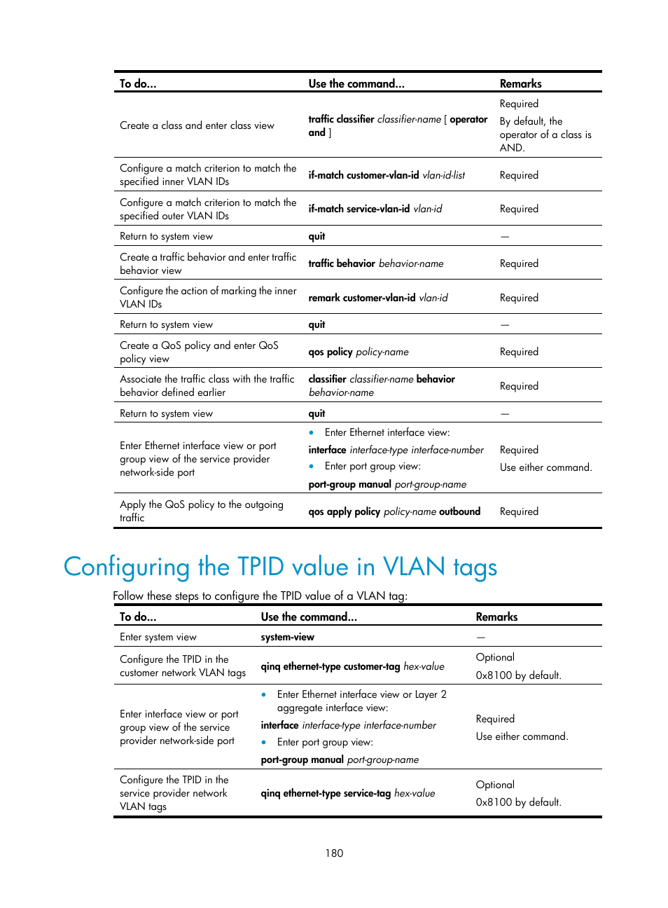 Configuring the tpid value in vlan tags | H3C Technologies H3C S10500 Series Switches User Manual | Page 191 / 251