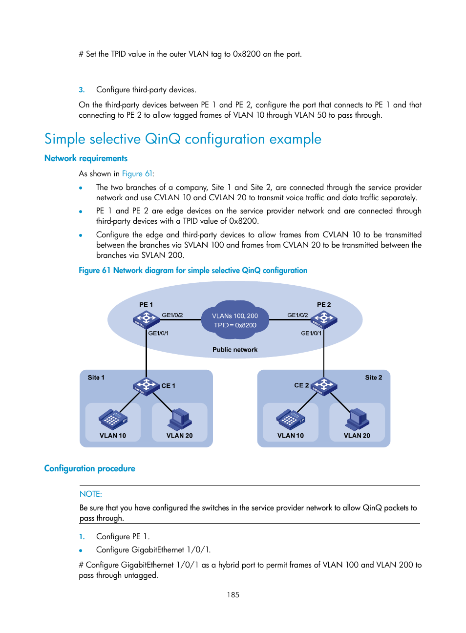 Simple selective qinq configuration example, Network requirements, Configuration procedure | H3C Technologies H3C S10500 Series Switches User Manual | Page 196 / 251