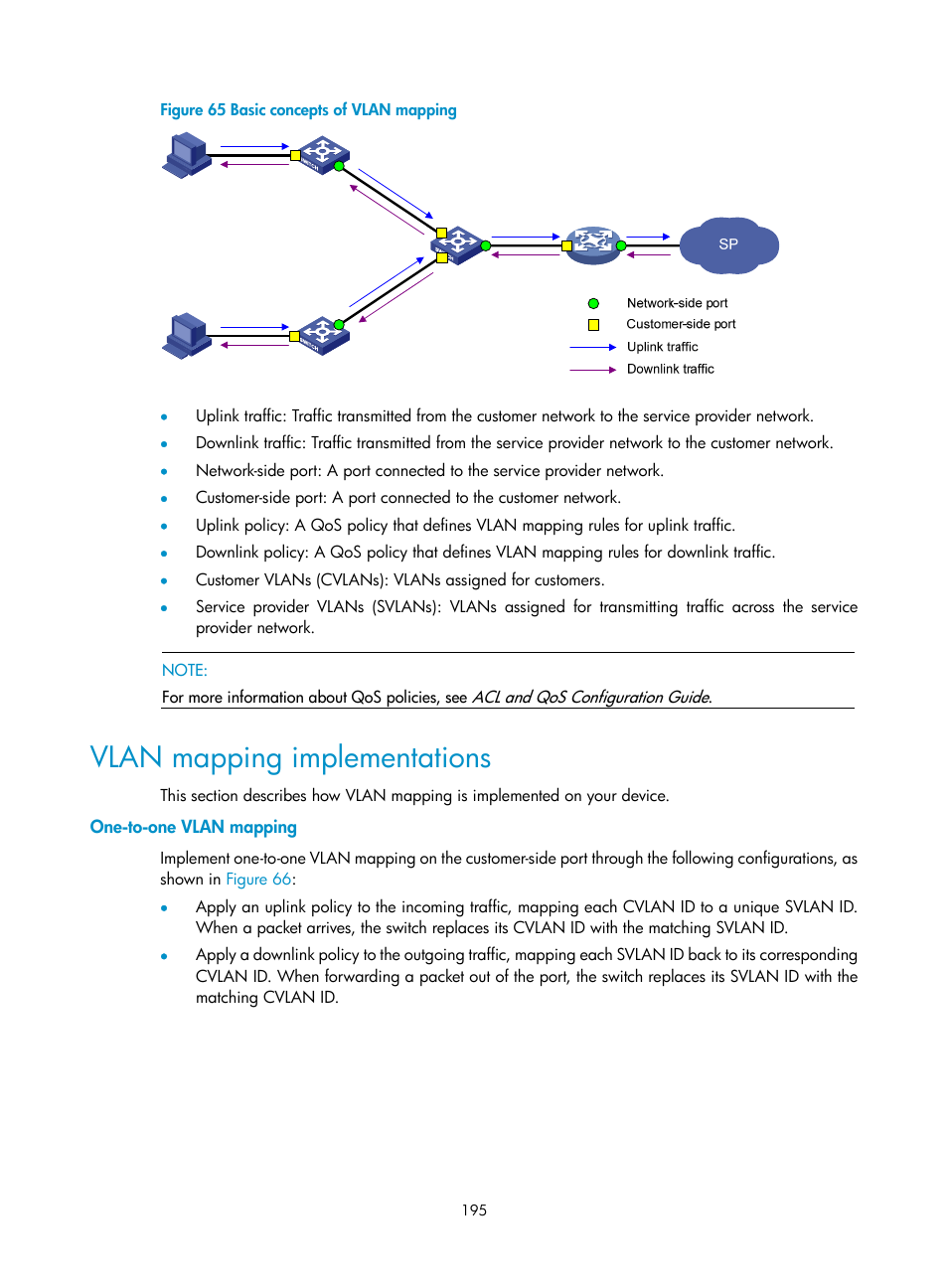 Vlan mapping implementations, One-to-one vlan mapping | H3C Technologies H3C S10500 Series Switches User Manual | Page 206 / 251