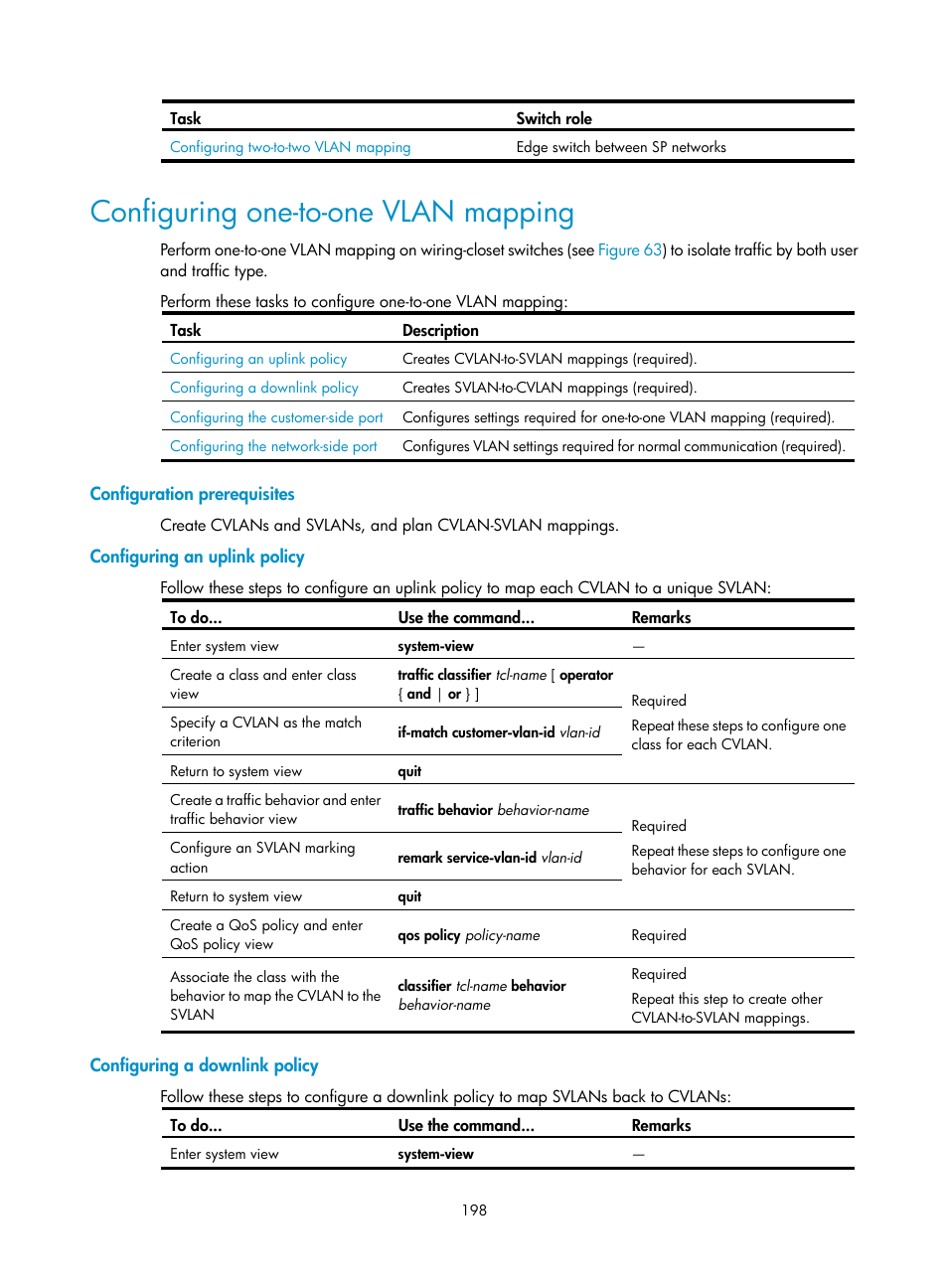 Configuring one-to-one vlan mapping, Configuration prerequisites, Configuring an uplink policy | Configuring a downlink policy | H3C Technologies H3C S10500 Series Switches User Manual | Page 209 / 251