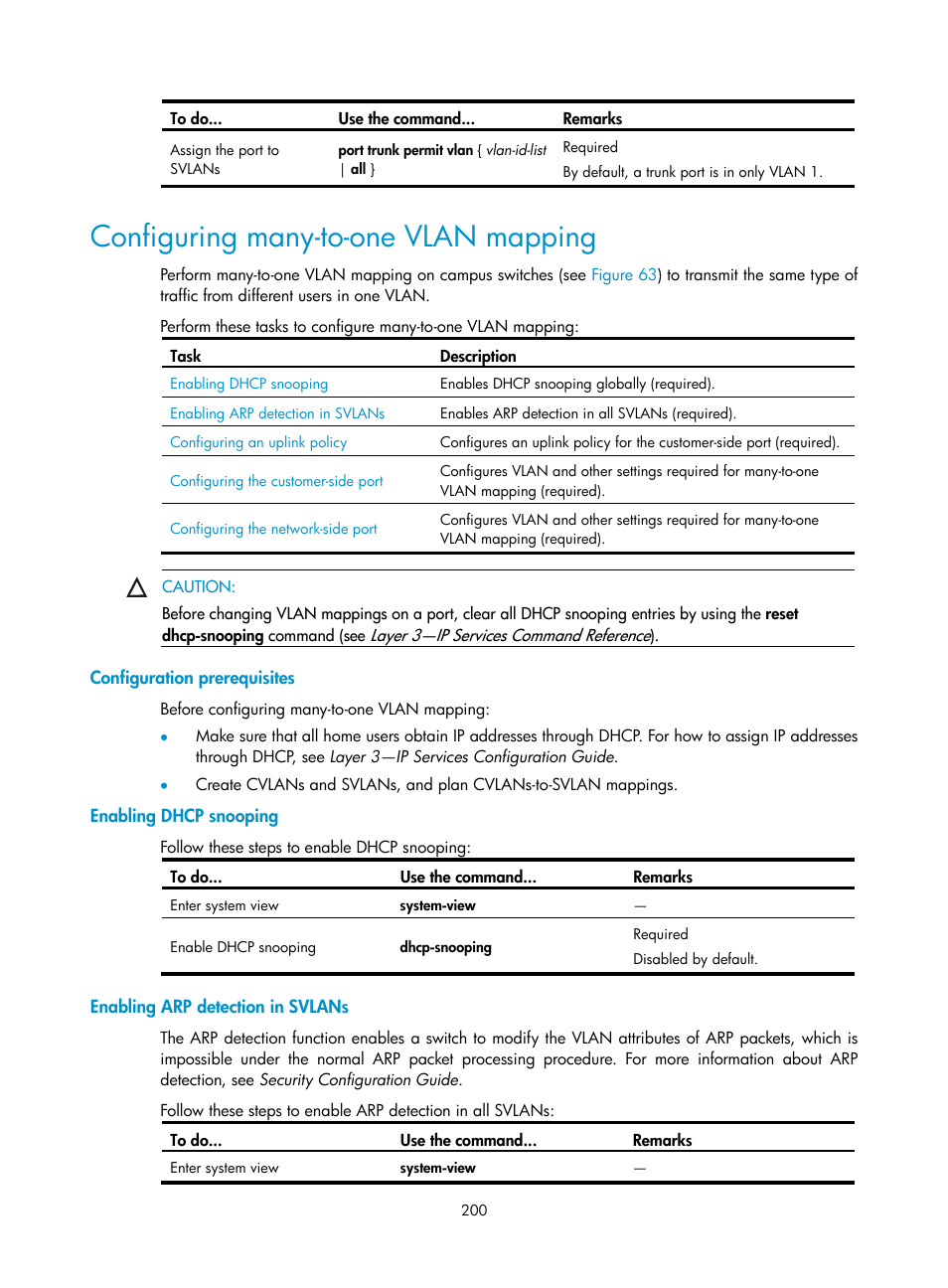 Configuring many-to-one vlan mapping, Configuration prerequisites, Enabling dhcp snooping | Enabling arp detection in svlans | H3C Technologies H3C S10500 Series Switches User Manual | Page 211 / 251