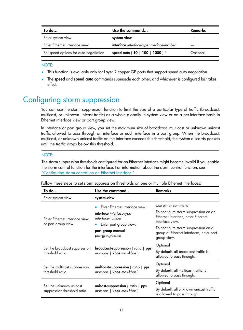 Configuring storm suppression, Configuring storm, Suppression | H3C Technologies H3C S10500 Series Switches User Manual | Page 22 / 251