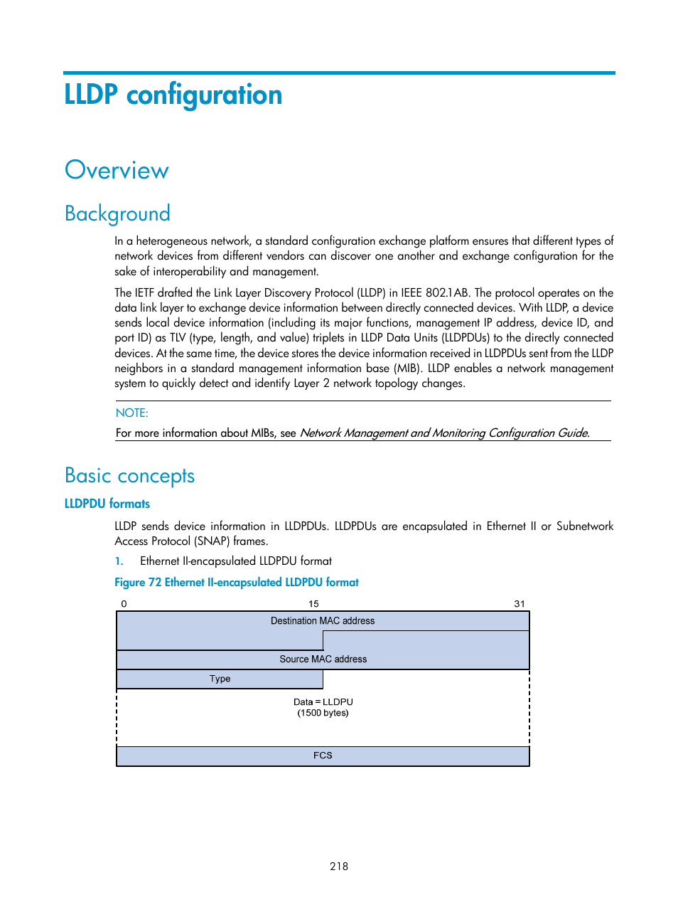 Lldp configuration, Overview, Background | Basic concepts, Lldpdu formats | H3C Technologies H3C S10500 Series Switches User Manual | Page 229 / 251