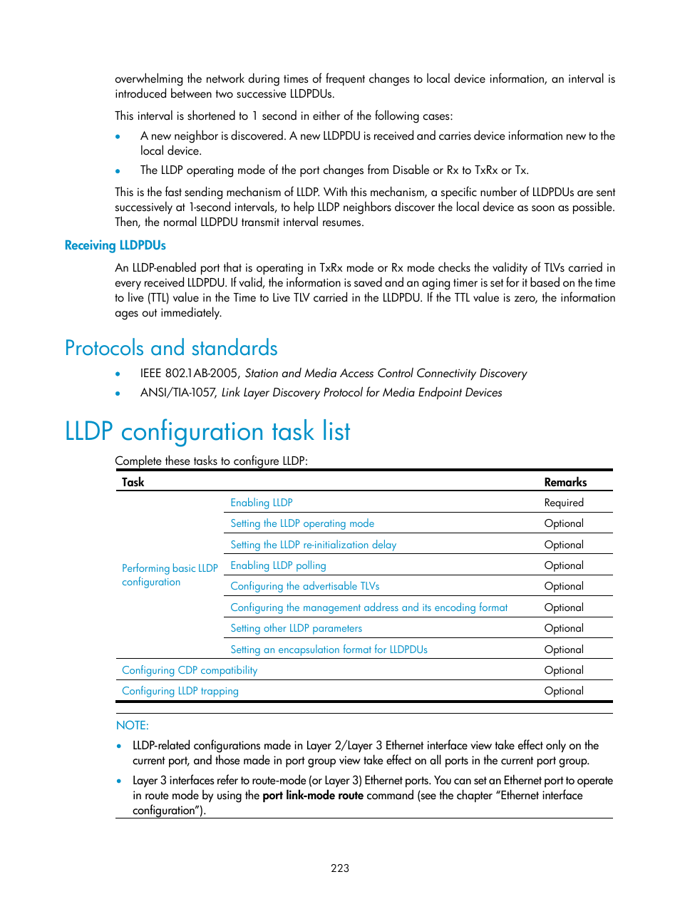 Receiving lldpdus, Protocols and standards, Lldp configuration task list | H3C Technologies H3C S10500 Series Switches User Manual | Page 234 / 251