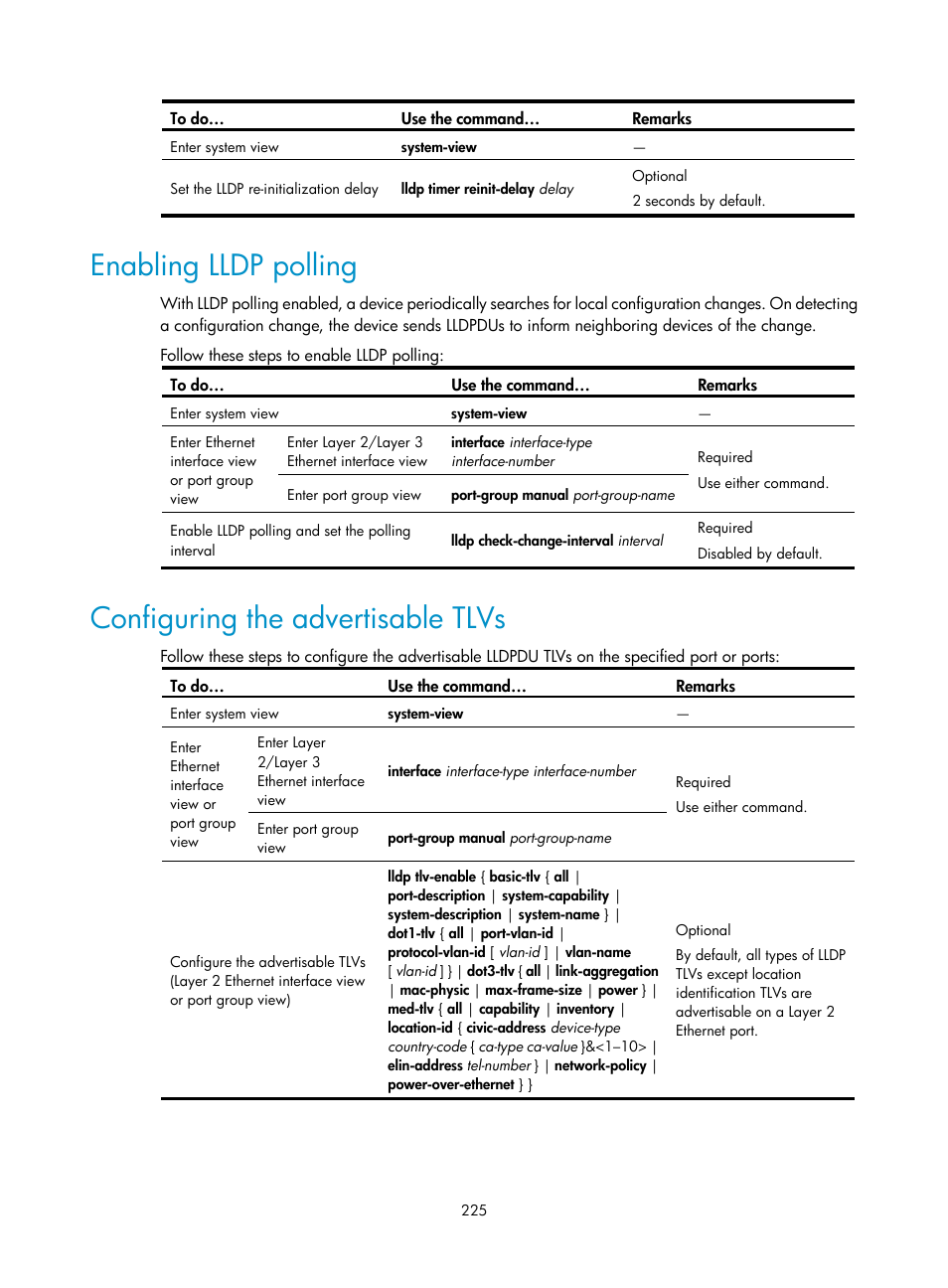 Enabling lldp polling, Configuring the advertisable tlvs | H3C Technologies H3C S10500 Series Switches User Manual | Page 236 / 251