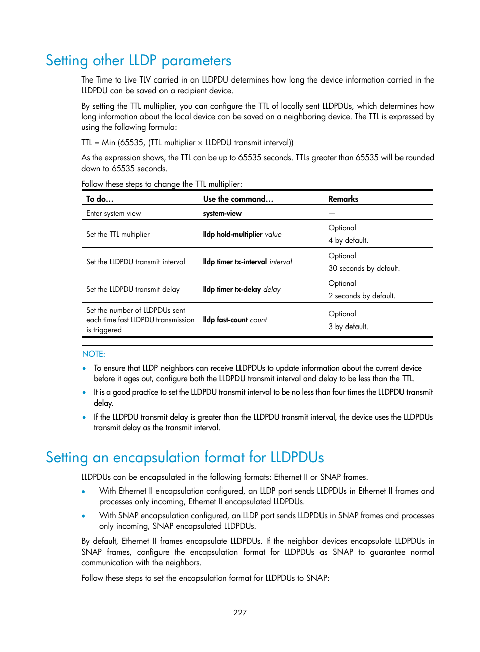 Setting other lldp parameters, Setting an encapsulation format for lldpdus | H3C Technologies H3C S10500 Series Switches User Manual | Page 238 / 251