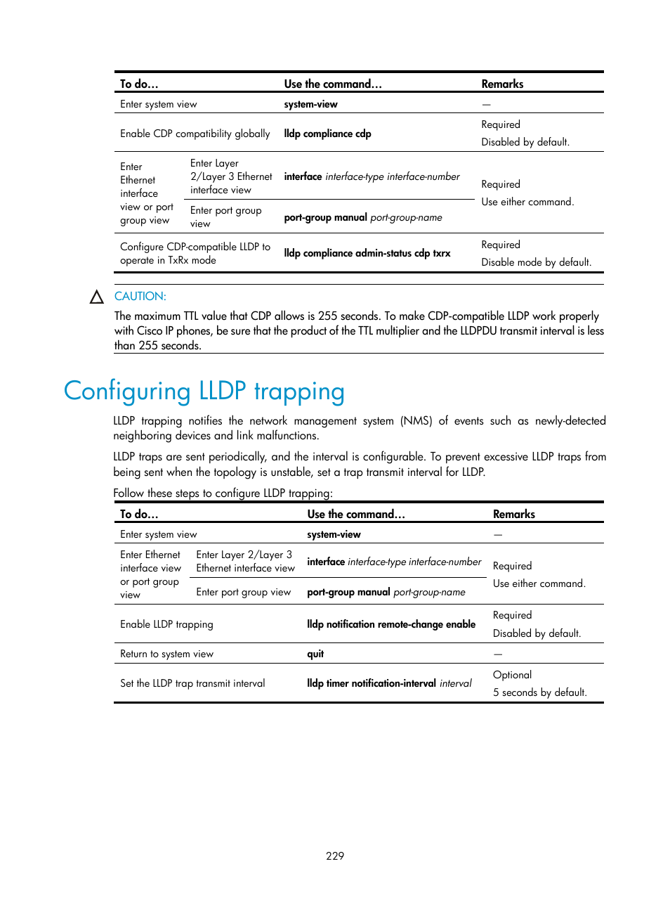 Configuring lldp trapping | H3C Technologies H3C S10500 Series Switches User Manual | Page 240 / 251
