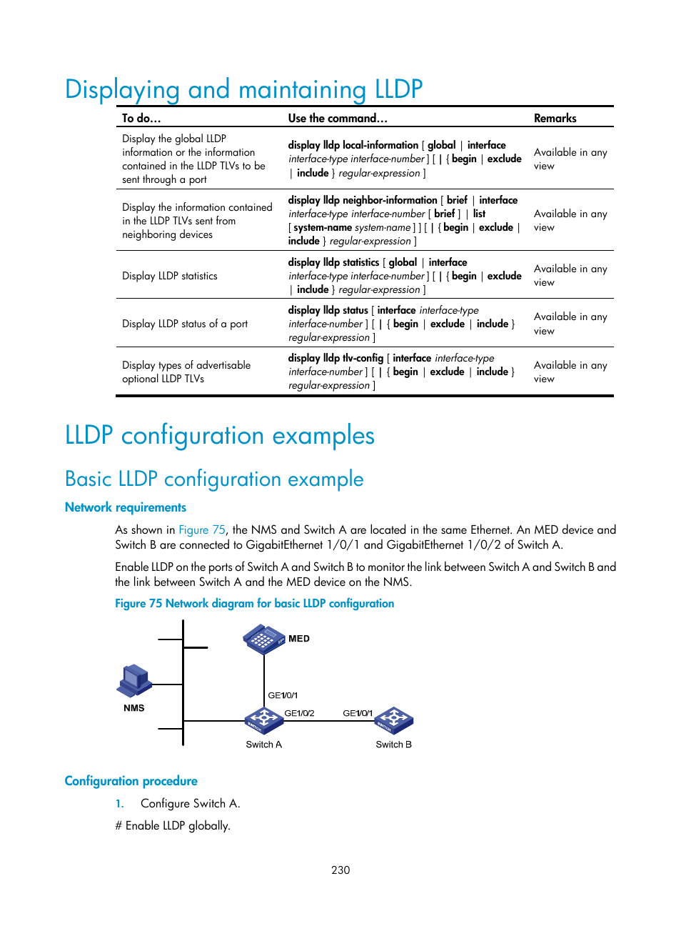 Displaying and maintaining lldp, Lldp configuration examples, Basic lldp configuration example | Network requirements, Configuration procedure | H3C Technologies H3C S10500 Series Switches User Manual | Page 241 / 251