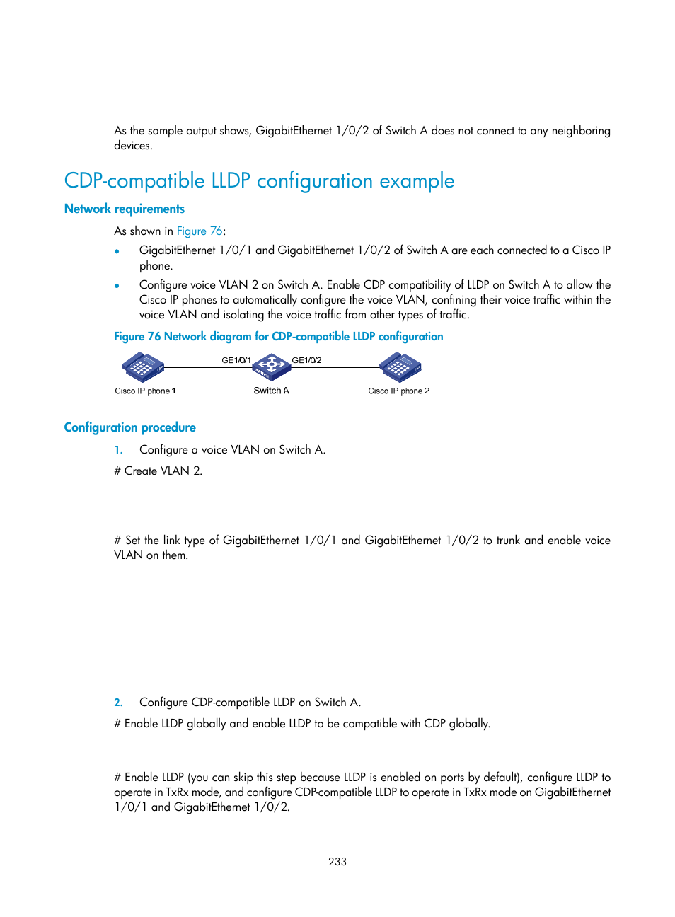 Cdp-compatible lldp configuration example, Network requirements, Configuration procedure | H3C Technologies H3C S10500 Series Switches User Manual | Page 244 / 251