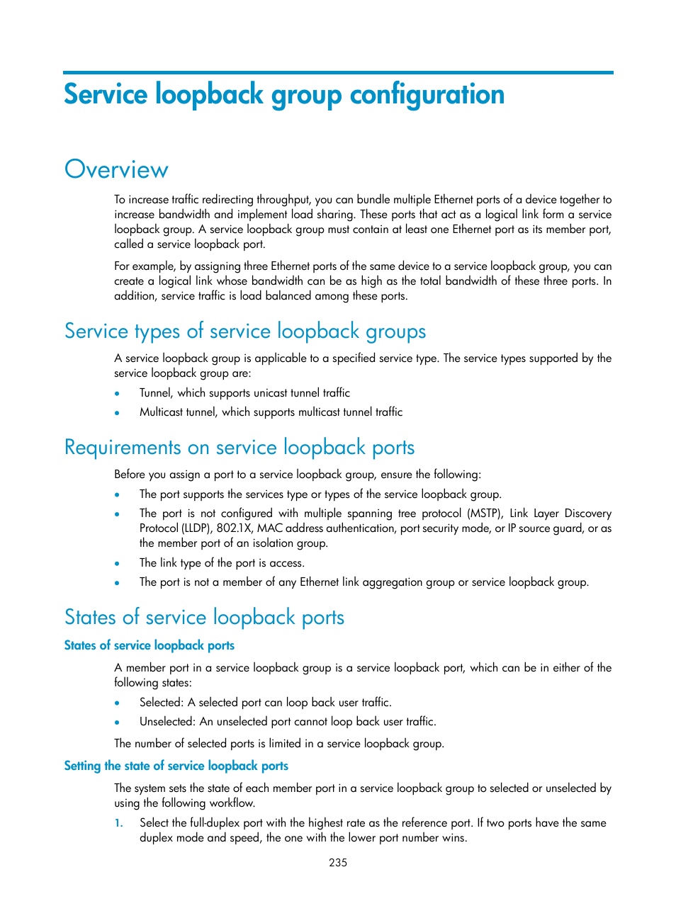 Service loopback group configuration, Overview, Service types of service loopback groups | Requirements on service loopback ports, States of service loopback ports, Setting the state of service loopback ports | H3C Technologies H3C S10500 Series Switches User Manual | Page 246 / 251