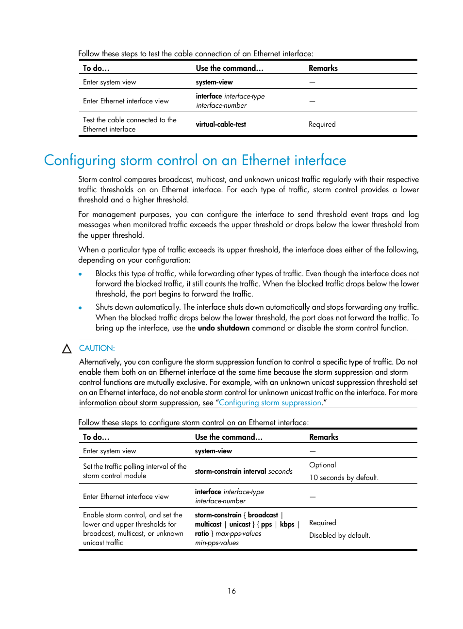 Configuring storm control on an ethernet interface | H3C Technologies H3C S10500 Series Switches User Manual | Page 27 / 251