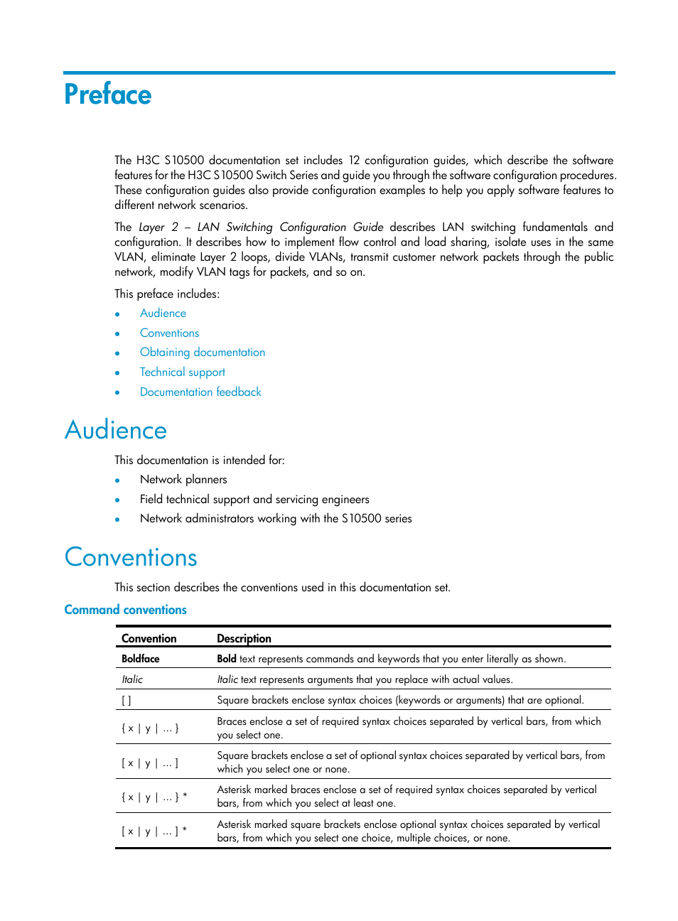 Preface, Audience, Conventions | Command conventions | H3C Technologies H3C S10500 Series Switches User Manual | Page 3 / 251