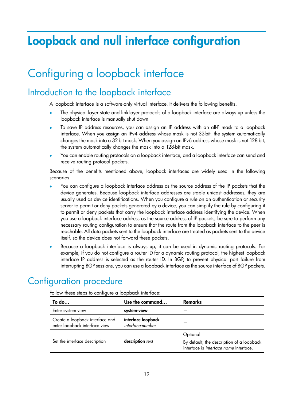 Loopback and null interface configuration, Configuring a loopback interface, Introduction to the loopback interface | Configuration procedure | H3C Technologies H3C S10500 Series Switches User Manual | Page 30 / 251