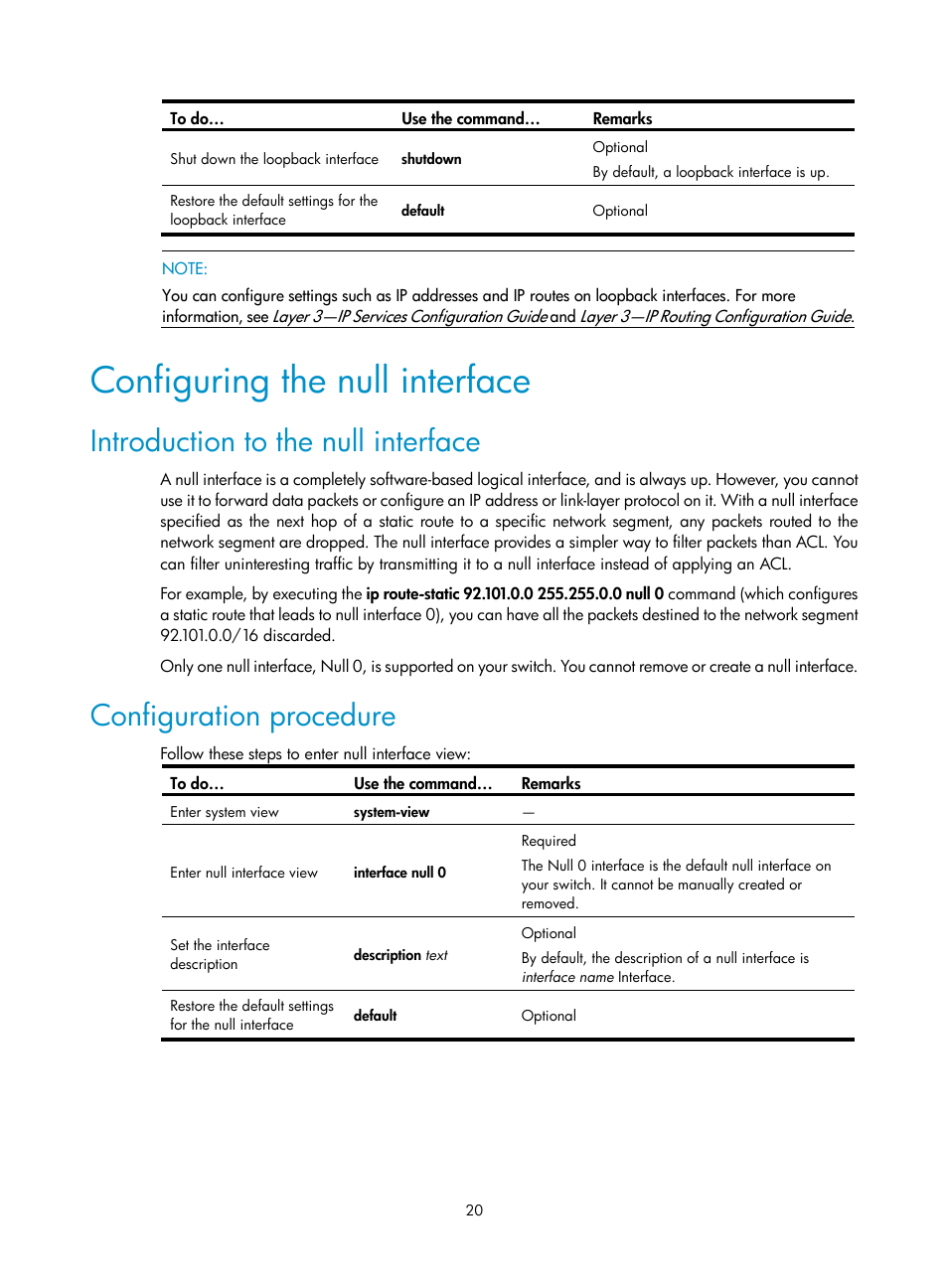 Configuring the null interface, Introduction to the null interface, Configuration procedure | H3C Technologies H3C S10500 Series Switches User Manual | Page 31 / 251