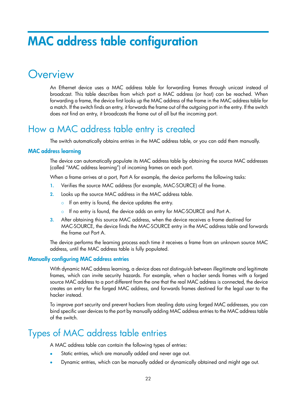 Mac address table configuration, Overview, How a mac address table entry is created | Mac address learning, Manually configuring mac address entries, Types of mac address table entries | H3C Technologies H3C S10500 Series Switches User Manual | Page 33 / 251