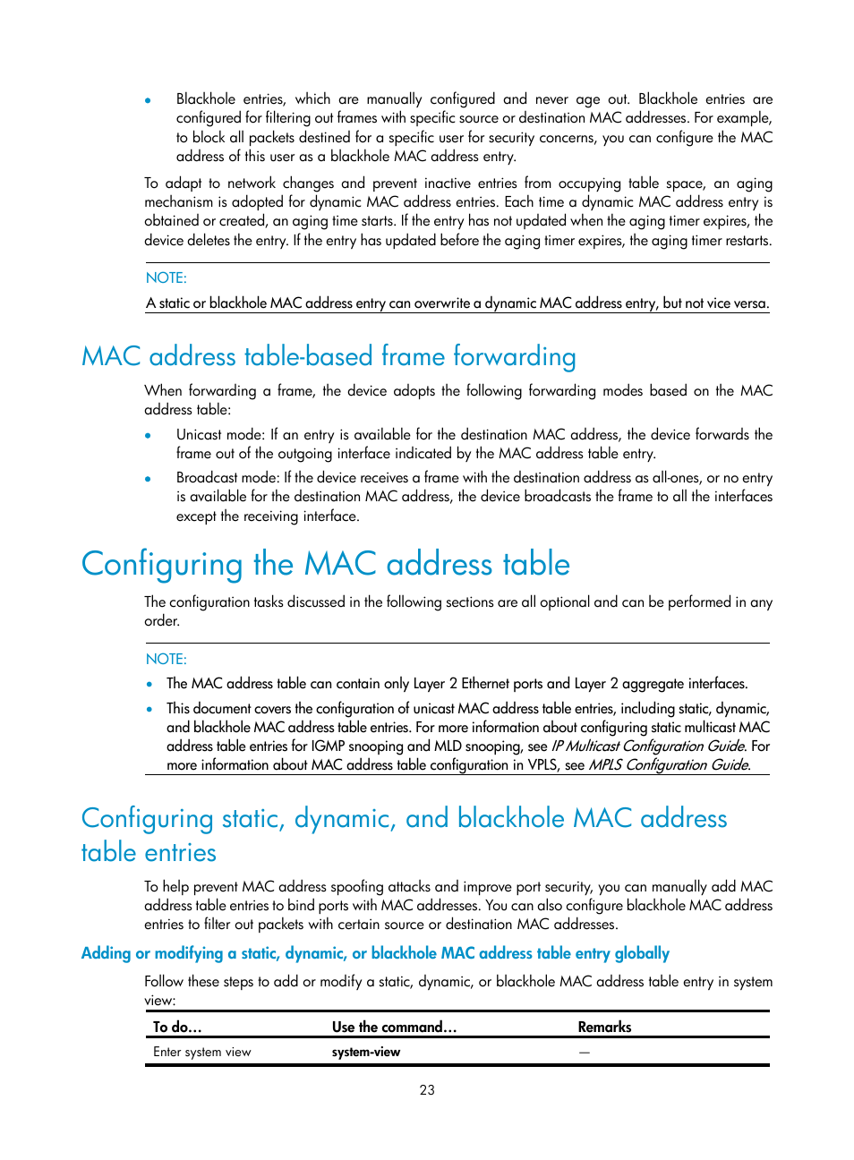 Mac address table-based frame forwarding, Configuring the mac address table | H3C Technologies H3C S10500 Series Switches User Manual | Page 34 / 251