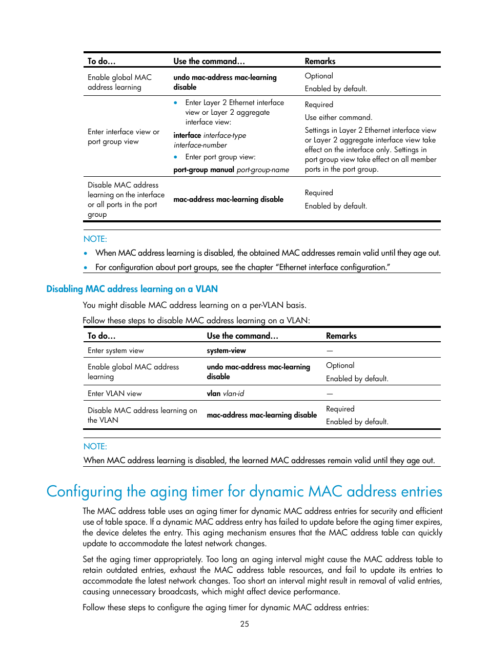 Disabling mac address learning on a vlan | H3C Technologies H3C S10500 Series Switches User Manual | Page 36 / 251