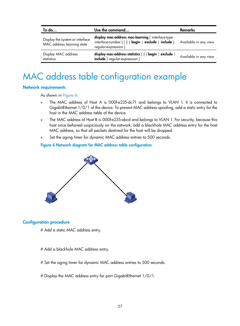 Mac address table configuration example, Network requirements, Configuration procedure | H3C Technologies H3C S10500 Series Switches User Manual | Page 38 / 251