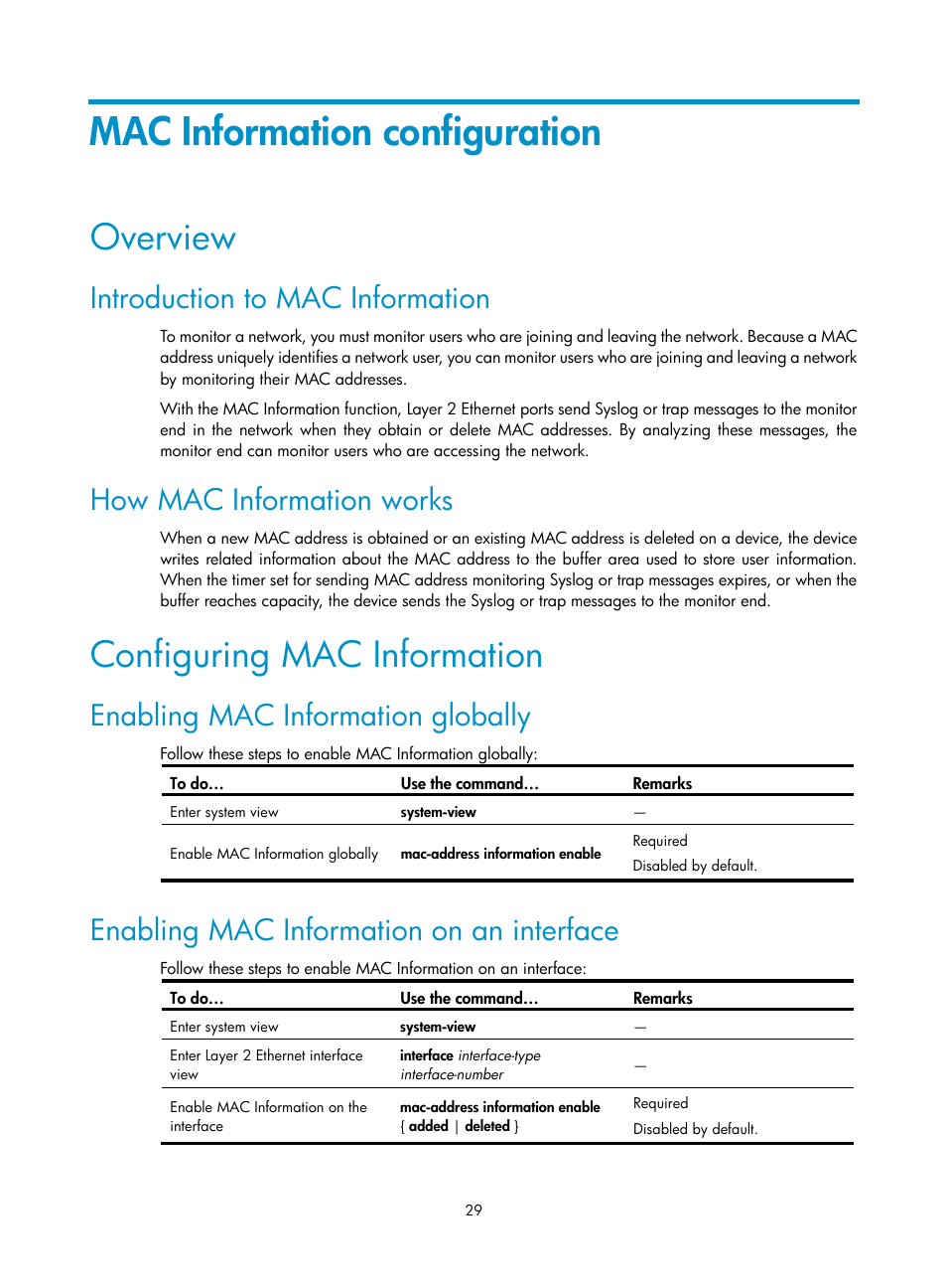 Mac information configuration, Overview, Introduction to mac information | How mac information works, Configuring mac information, Enabling mac information globally, Enabling mac information on an interface | H3C Technologies H3C S10500 Series Switches User Manual | Page 40 / 251