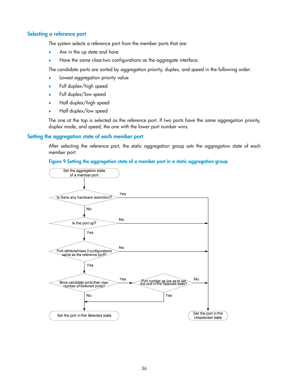 Selecting a reference port, Setting the aggregation state of each member port | H3C Technologies H3C S10500 Series Switches User Manual | Page 47 / 251