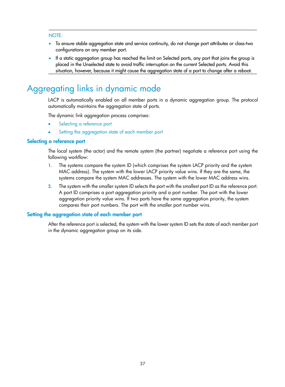 Aggregating links in dynamic mode, Selecting a reference port, Setting the aggregation state of each member port | H3C Technologies H3C S10500 Series Switches User Manual | Page 48 / 251