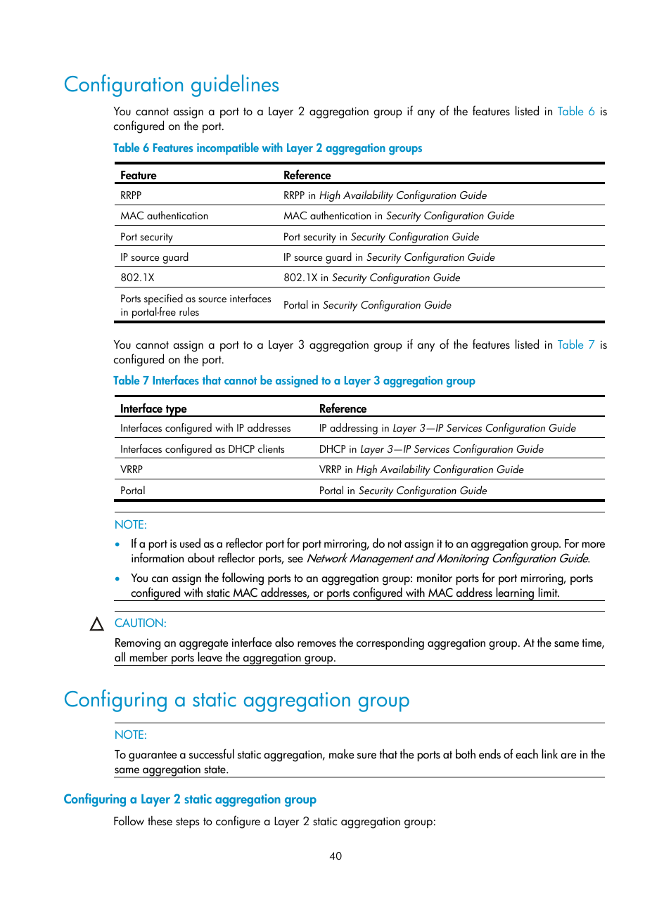 Configuration guidelines, Configuring a static aggregation group, Configuring a layer 2 static aggregation group | H3C Technologies H3C S10500 Series Switches User Manual | Page 51 / 251