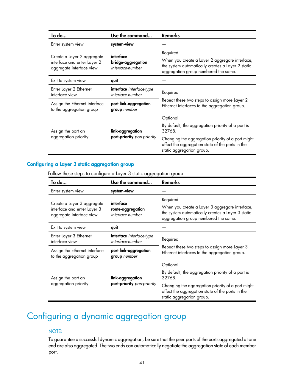 Configuring a layer 3 static aggregation group, Configuring a dynamic aggregation group | H3C Technologies H3C S10500 Series Switches User Manual | Page 52 / 251