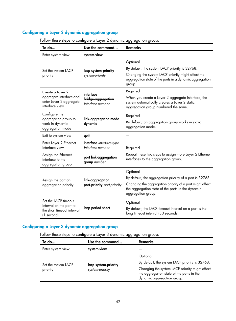 Configuring a layer 2 dynamic aggregation group, Configuring a layer 3 dynamic aggregation group | H3C Technologies H3C S10500 Series Switches User Manual | Page 53 / 251