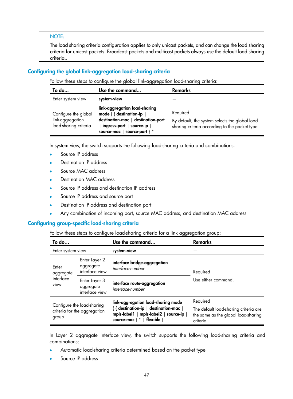 Configuring group-specific load-sharing criteria | H3C Technologies H3C S10500 Series Switches User Manual | Page 58 / 251