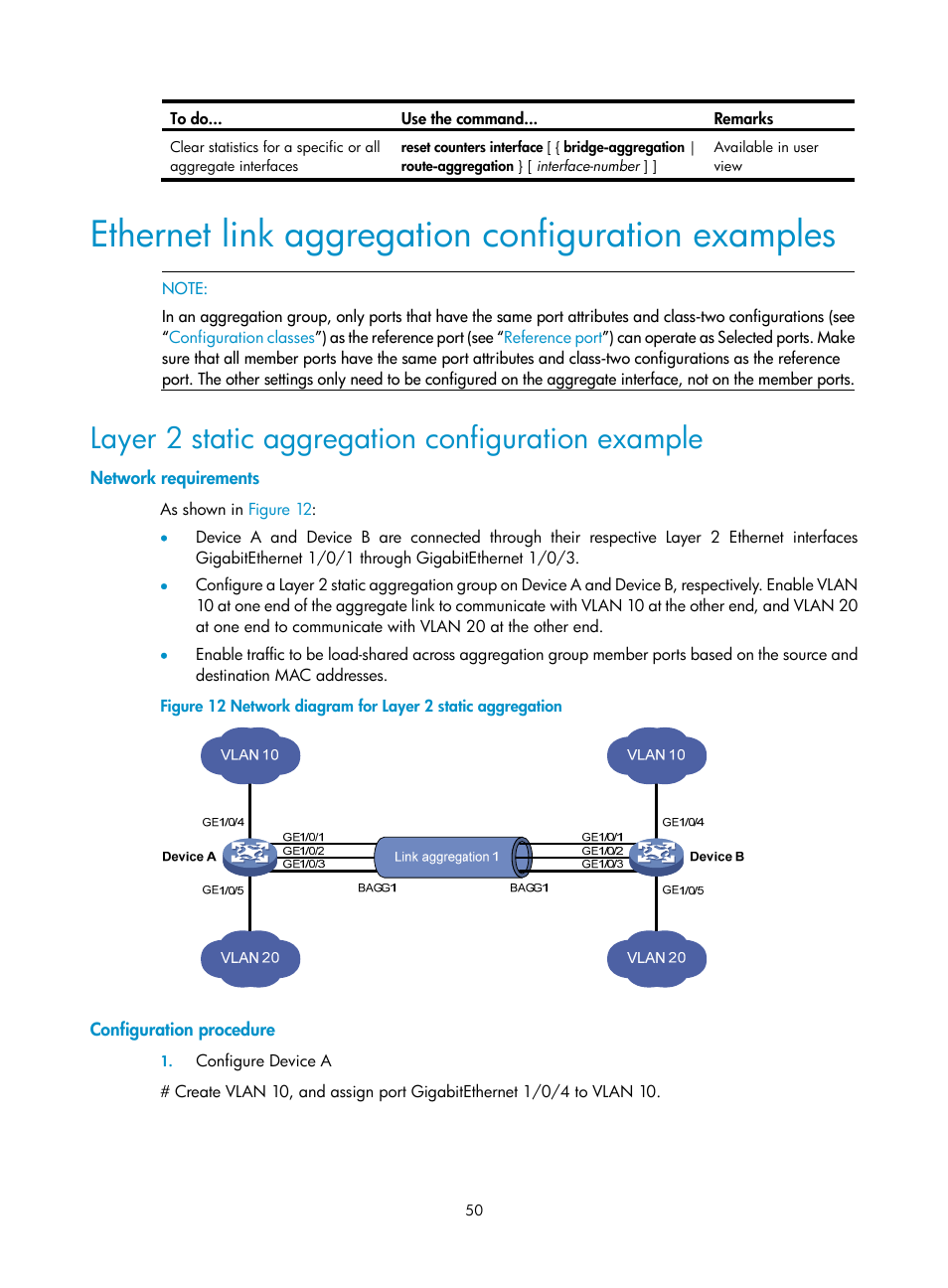Ethernet link aggregation configuration examples, Layer 2 static aggregation configuration example, Network requirements | Configuration procedure | H3C Technologies H3C S10500 Series Switches User Manual | Page 61 / 251