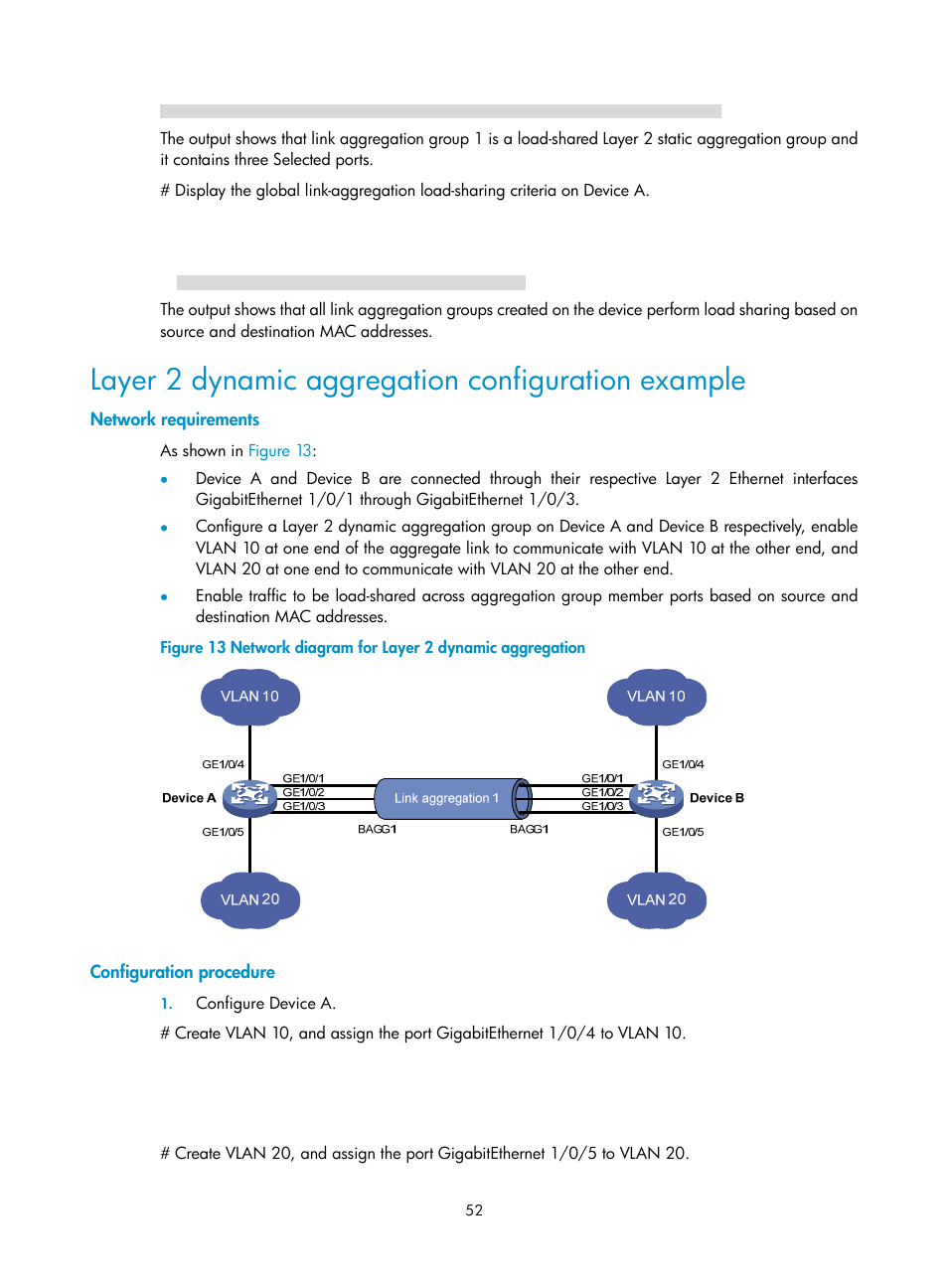 Layer 2 dynamic aggregation configuration example, Network requirements, Configuration procedure | H3C Technologies H3C S10500 Series Switches User Manual | Page 63 / 251