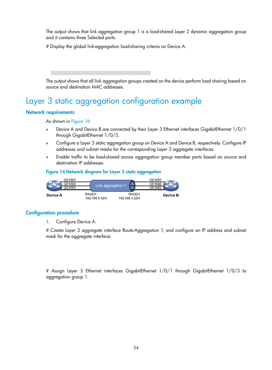 Layer 3 static aggregation configuration example, Network requirements, Configuration procedure | H3C Technologies H3C S10500 Series Switches User Manual | Page 65 / 251