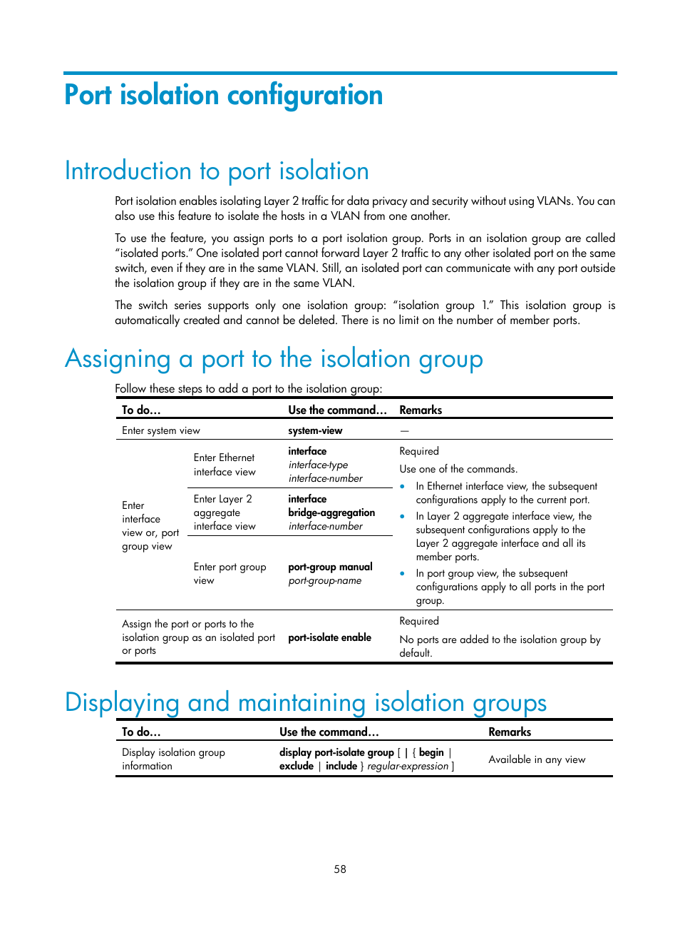 Port isolation configuration, Introduction to port isolation, Assigning a port to the isolation group | Displaying and maintaining isolation groups | H3C Technologies H3C S10500 Series Switches User Manual | Page 69 / 251