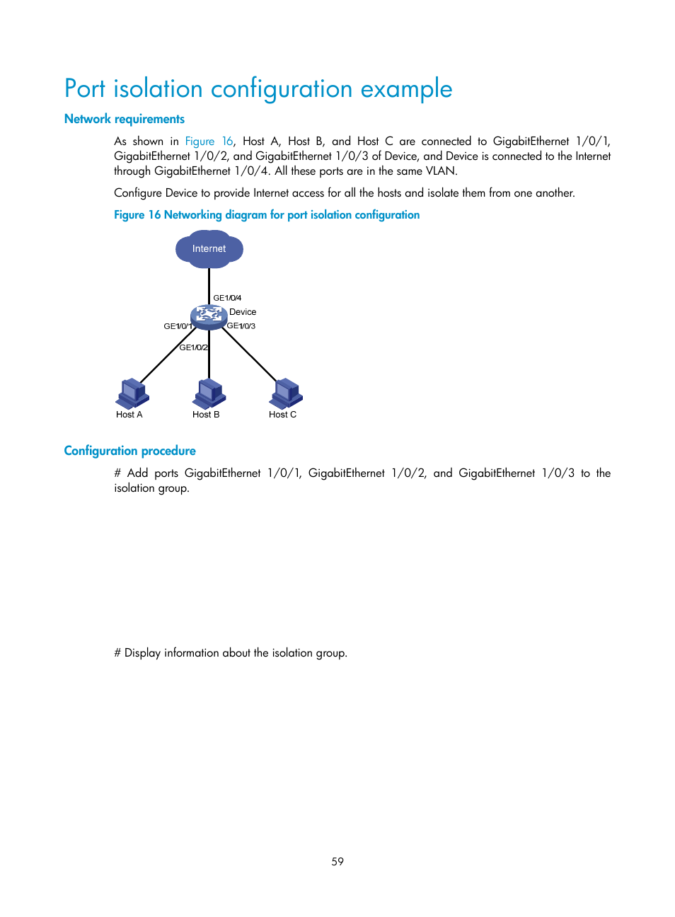 Port isolation configuration example, Network requirements, Configuration procedure | H3C Technologies H3C S10500 Series Switches User Manual | Page 70 / 251