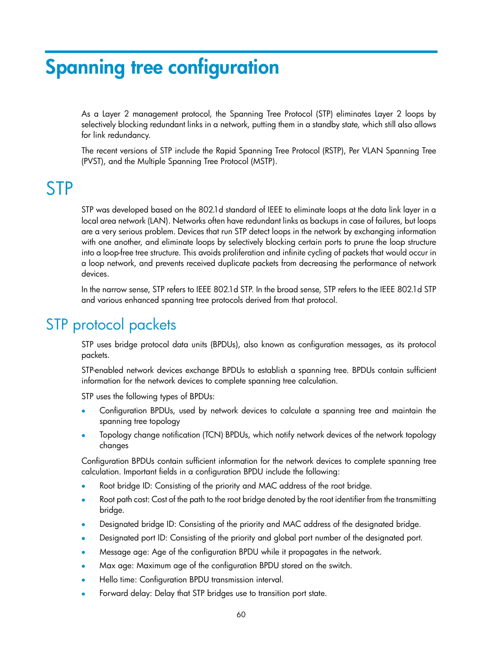 Spanning tree configuration, Stp protocol packets | H3C Technologies H3C S10500 Series Switches User Manual | Page 71 / 251