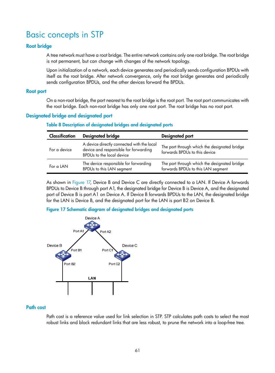 Basic concepts in stp, Root bridge, Root port | Designated bridge and designated port, Path cost | H3C Technologies H3C S10500 Series Switches User Manual | Page 72 / 251