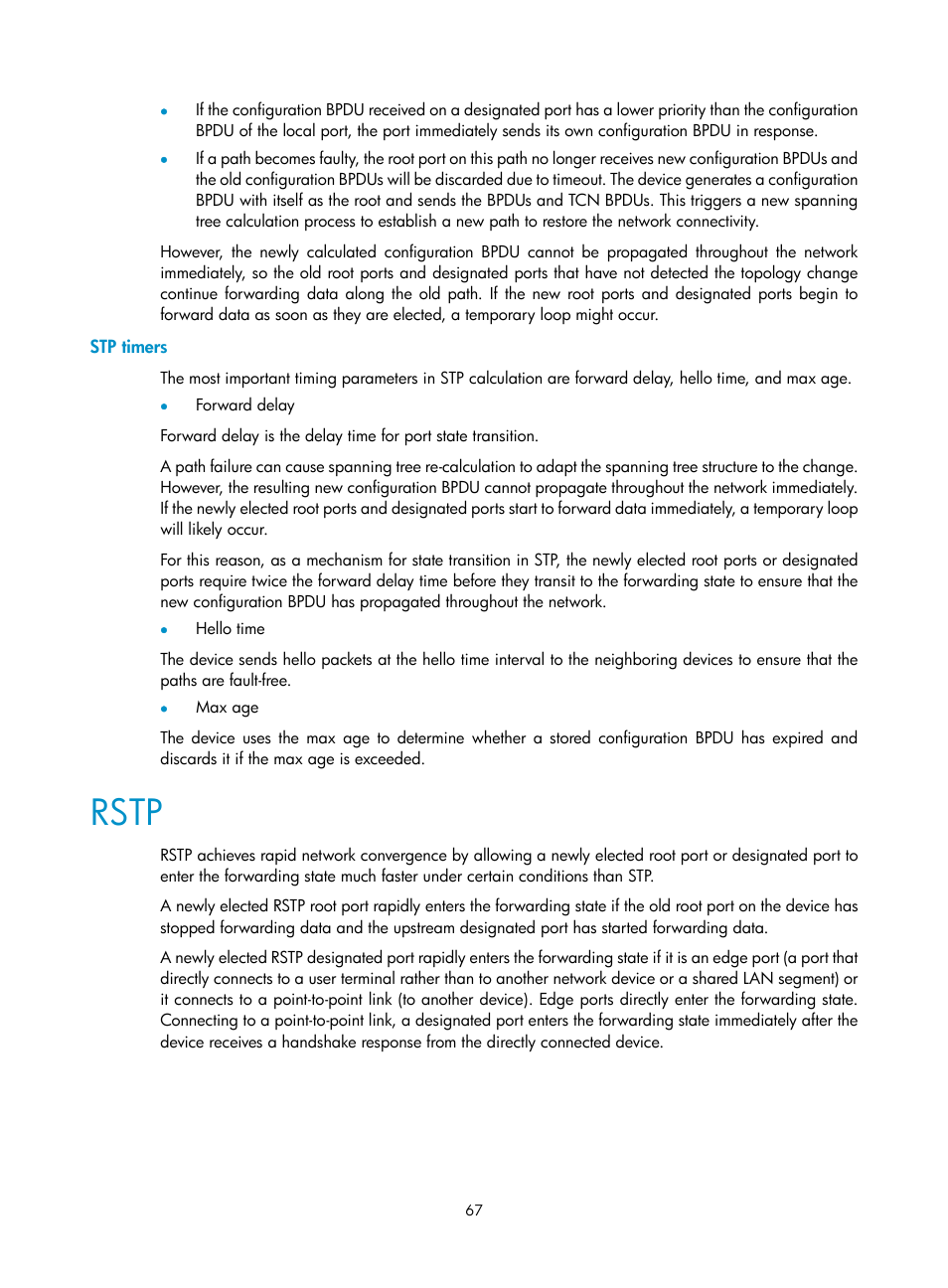 Stp timers, Rstp | H3C Technologies H3C S10500 Series Switches User Manual | Page 78 / 251