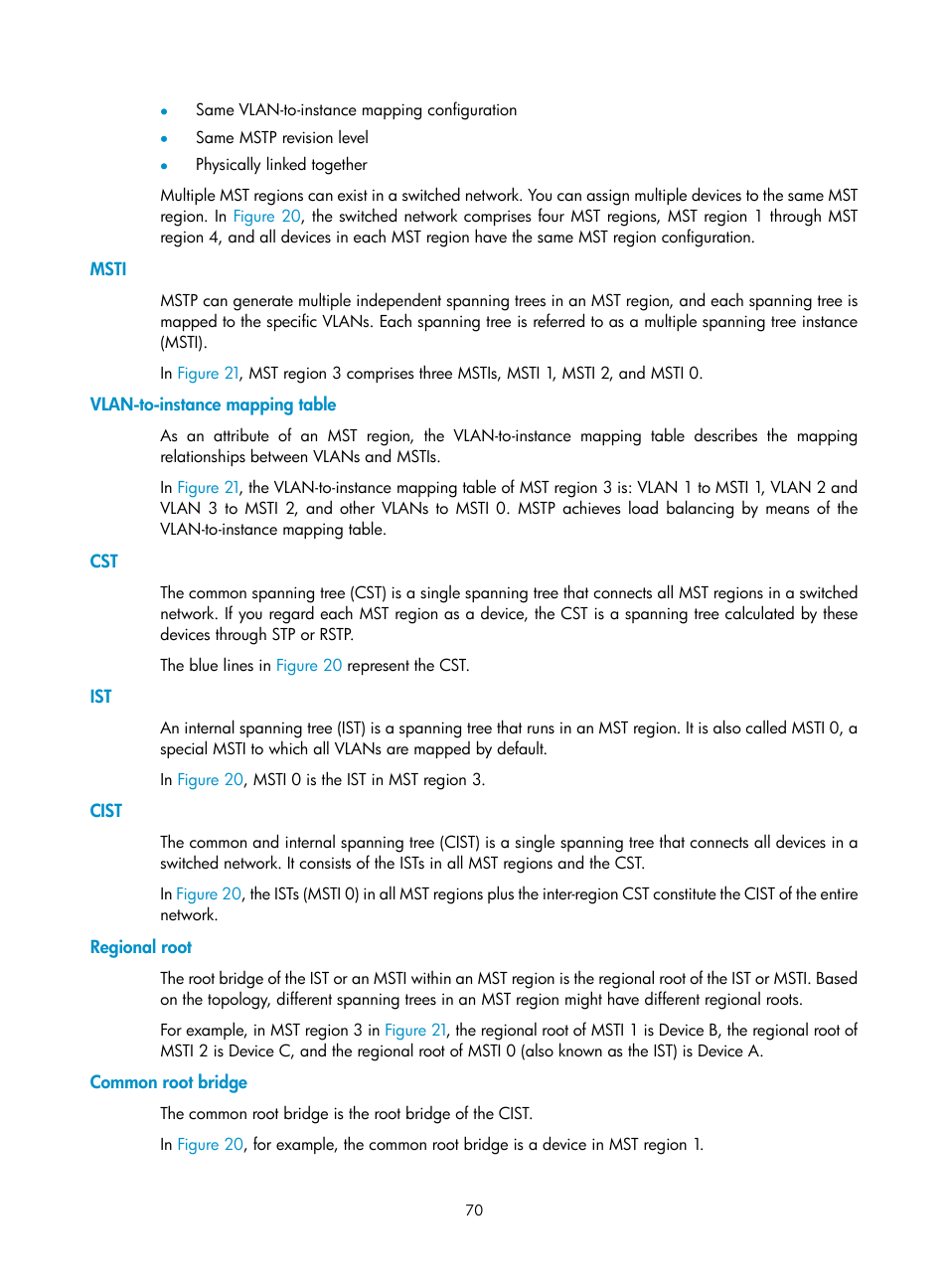 Msti, Vlan-to-instance mapping table, Cist | Regional root, Common root bridge | H3C Technologies H3C S10500 Series Switches User Manual | Page 81 / 251