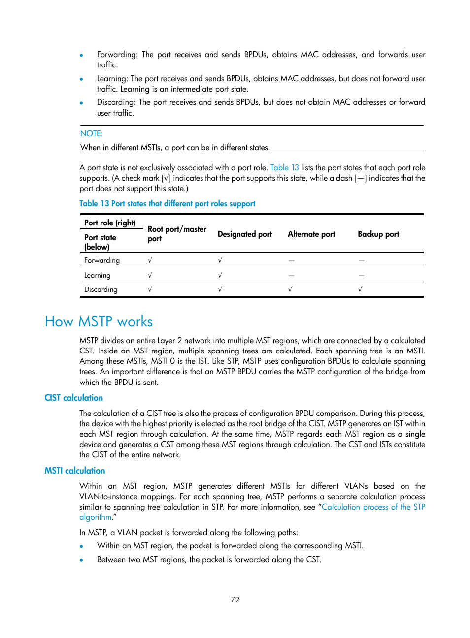 How mstp works, Cist calculation, Msti calculation | H3C Technologies H3C S10500 Series Switches User Manual | Page 83 / 251