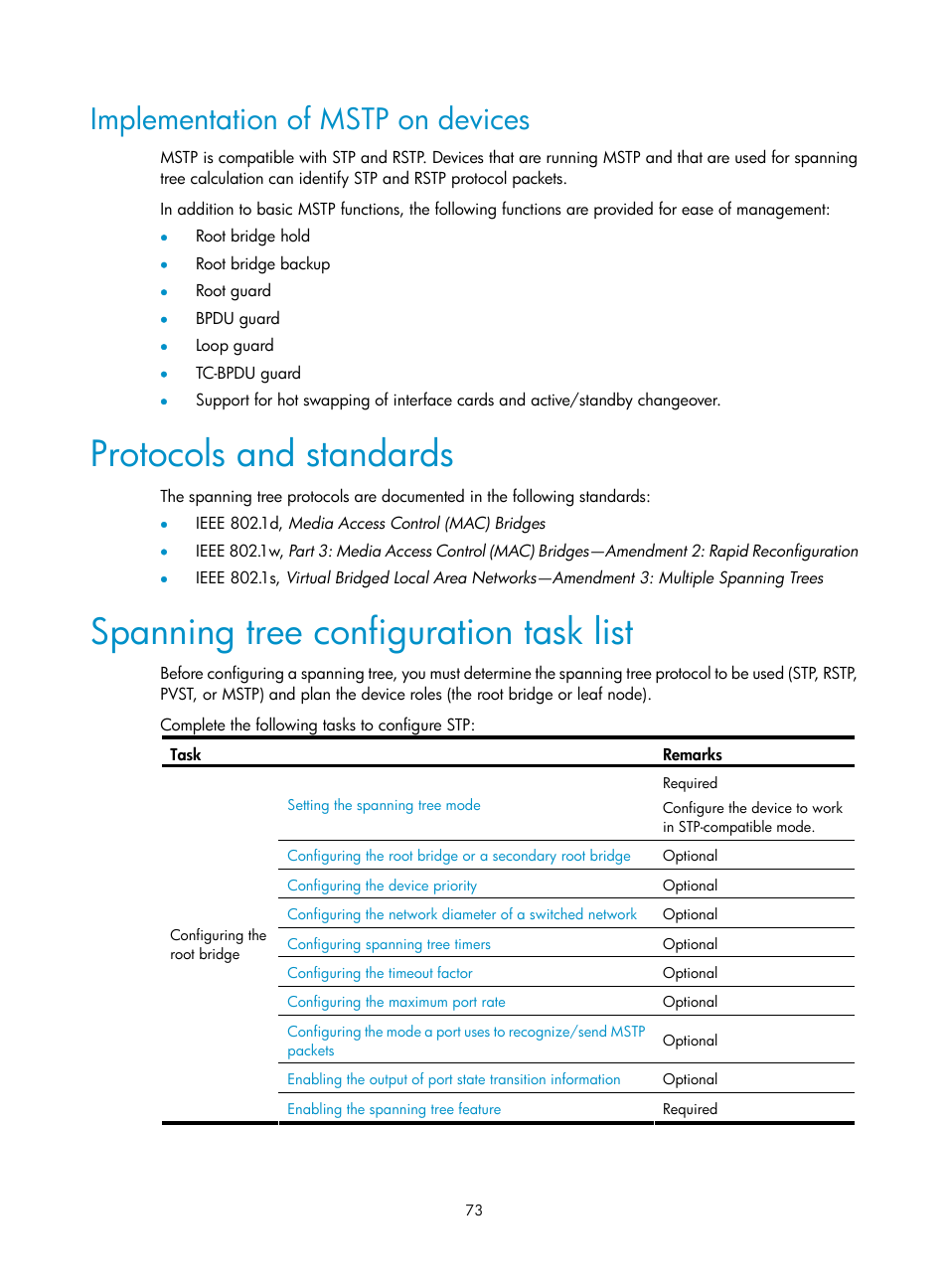 Implementation of mstp on devices, Protocols and standards, Spanning tree configuration task list | H3C Technologies H3C S10500 Series Switches User Manual | Page 84 / 251