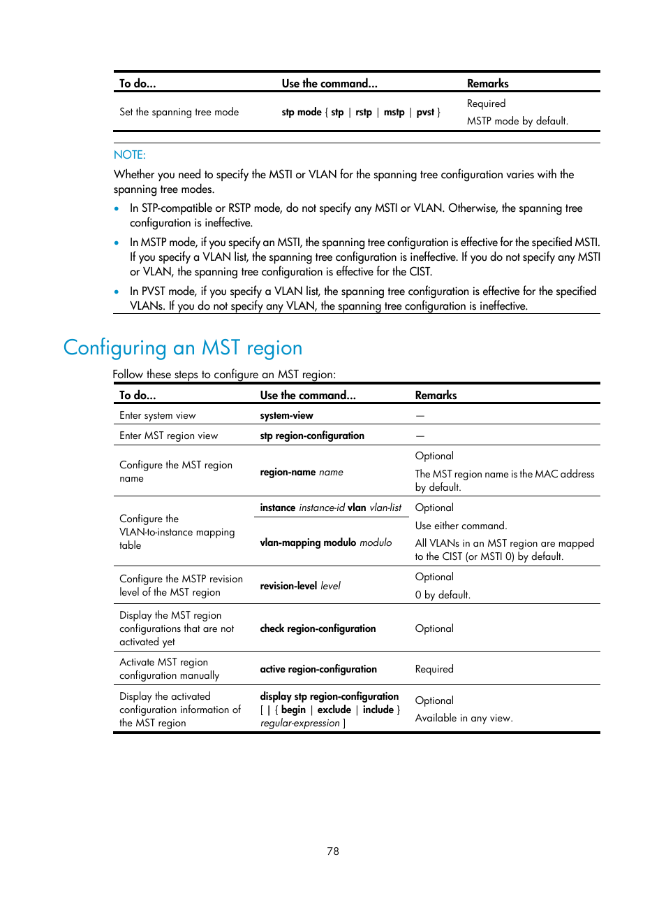 Configuring an mst region | H3C Technologies H3C S10500 Series Switches User Manual | Page 89 / 251